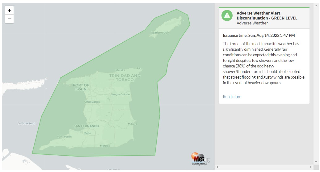 Adverse Weather Alert information from the Trinidad and Tobago Meteorological Service