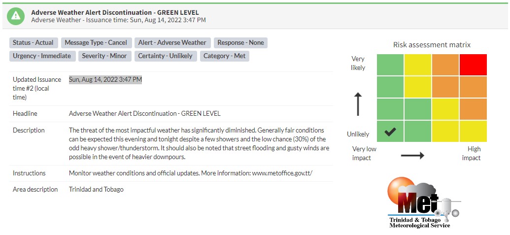 Adverse Weather Alert information from the Trinidad and Tobago Meteorological Service