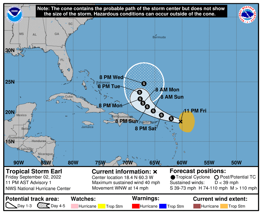 Tropical Storm Earl's Forecast Track as of 11:00 PM Friday, September 2nd, 2022. (National Hurricane Center)