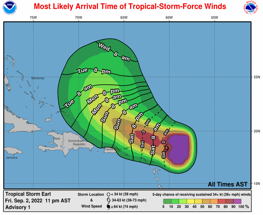 Tropical Storm Earl's probabilities for tropical-storm-force winds as of 11:00 PM Friday, September 2nd, 2022. (National Hurricane Center)