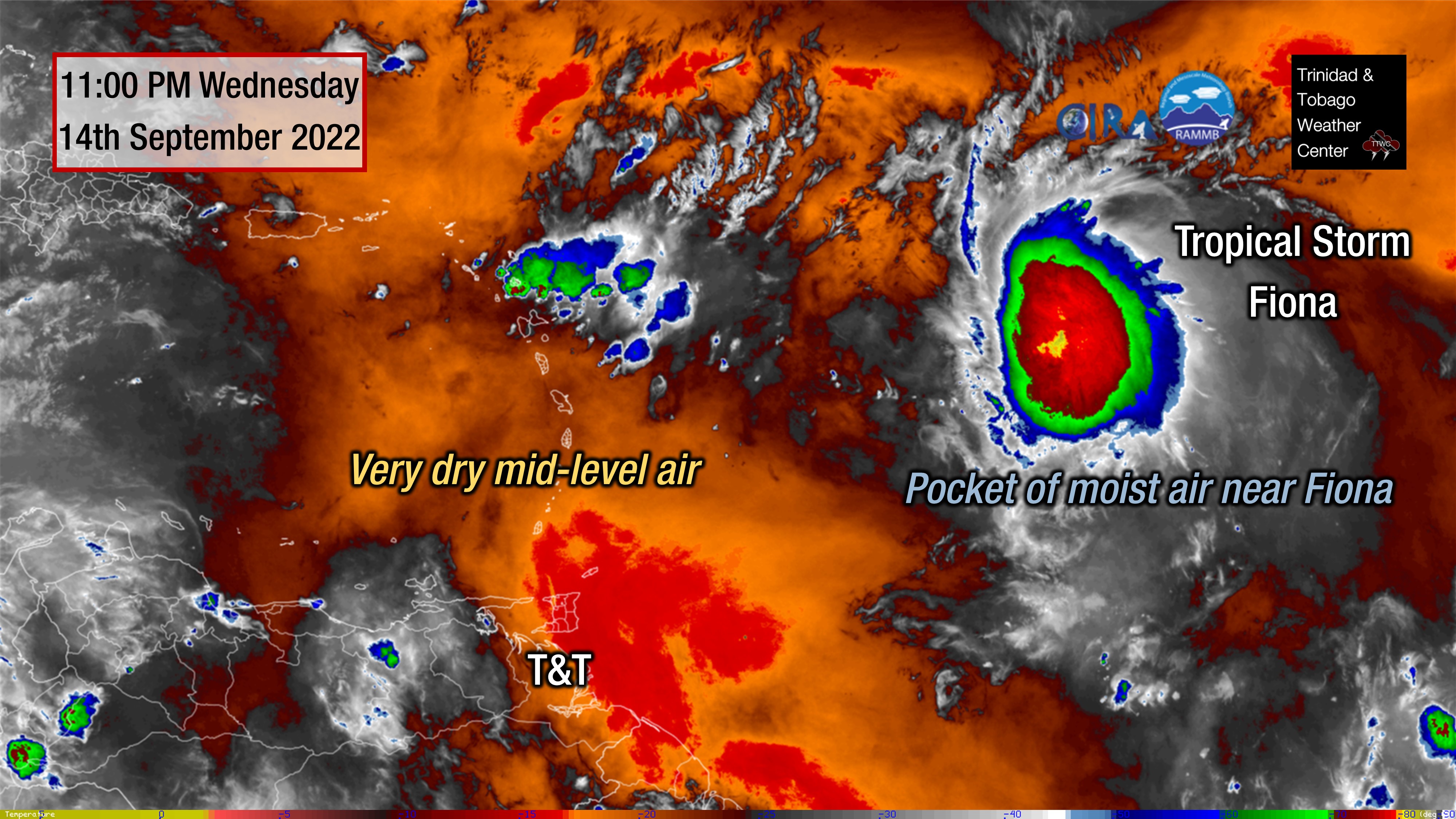 GOES-16 Infrared imagery showing mid-level tropospheric water vapor, or areas of moist and dry air at the mid-levels of the atmosphere as of 11:00 PM Wednesday, September 14th, 2022. (RAMMB/CIRA)