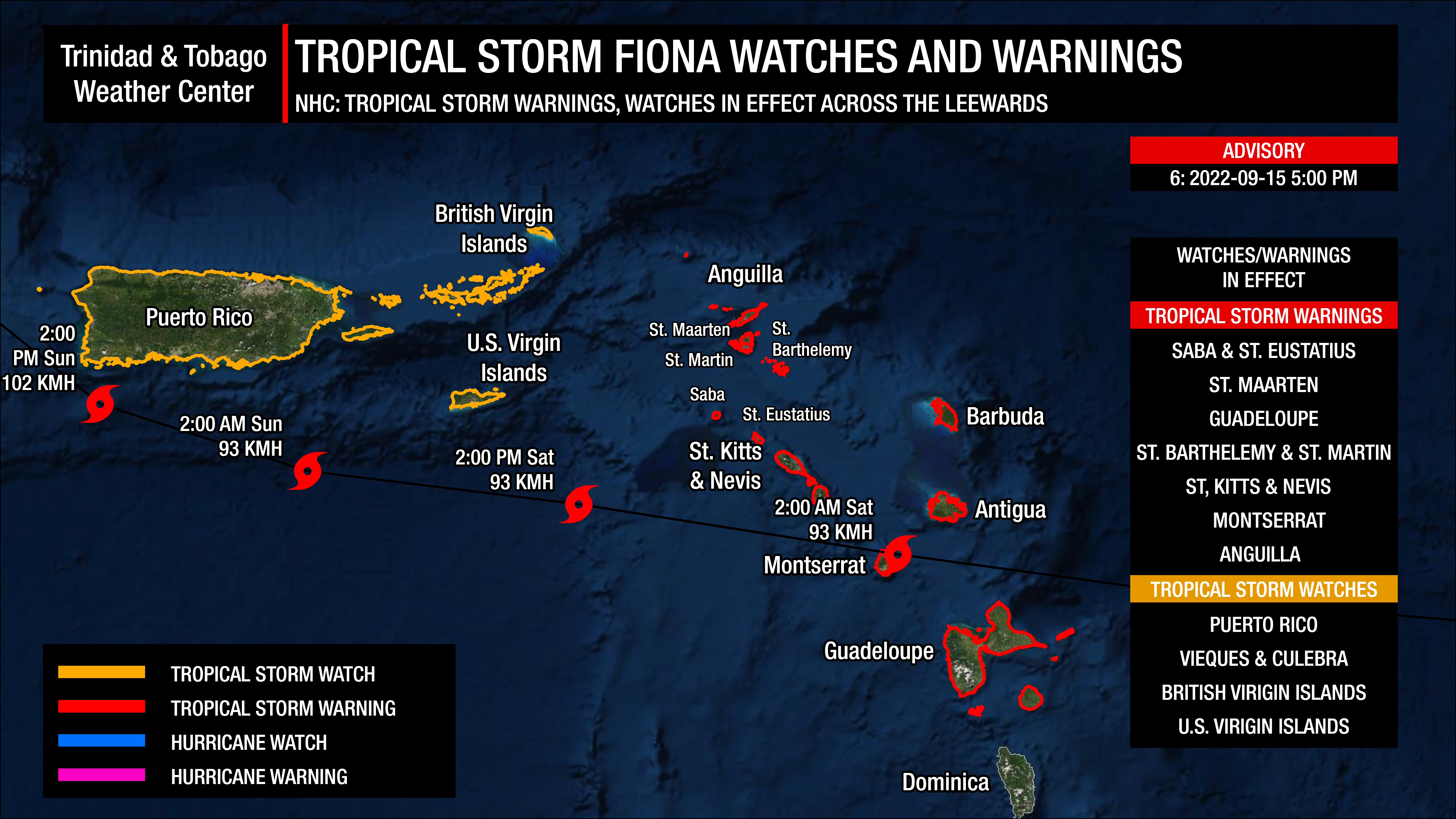 Tropical Storm Fiona's watches and warnings as of 5:00 PM Thursday, September 15th, 2022. (National Hurricane Center)
