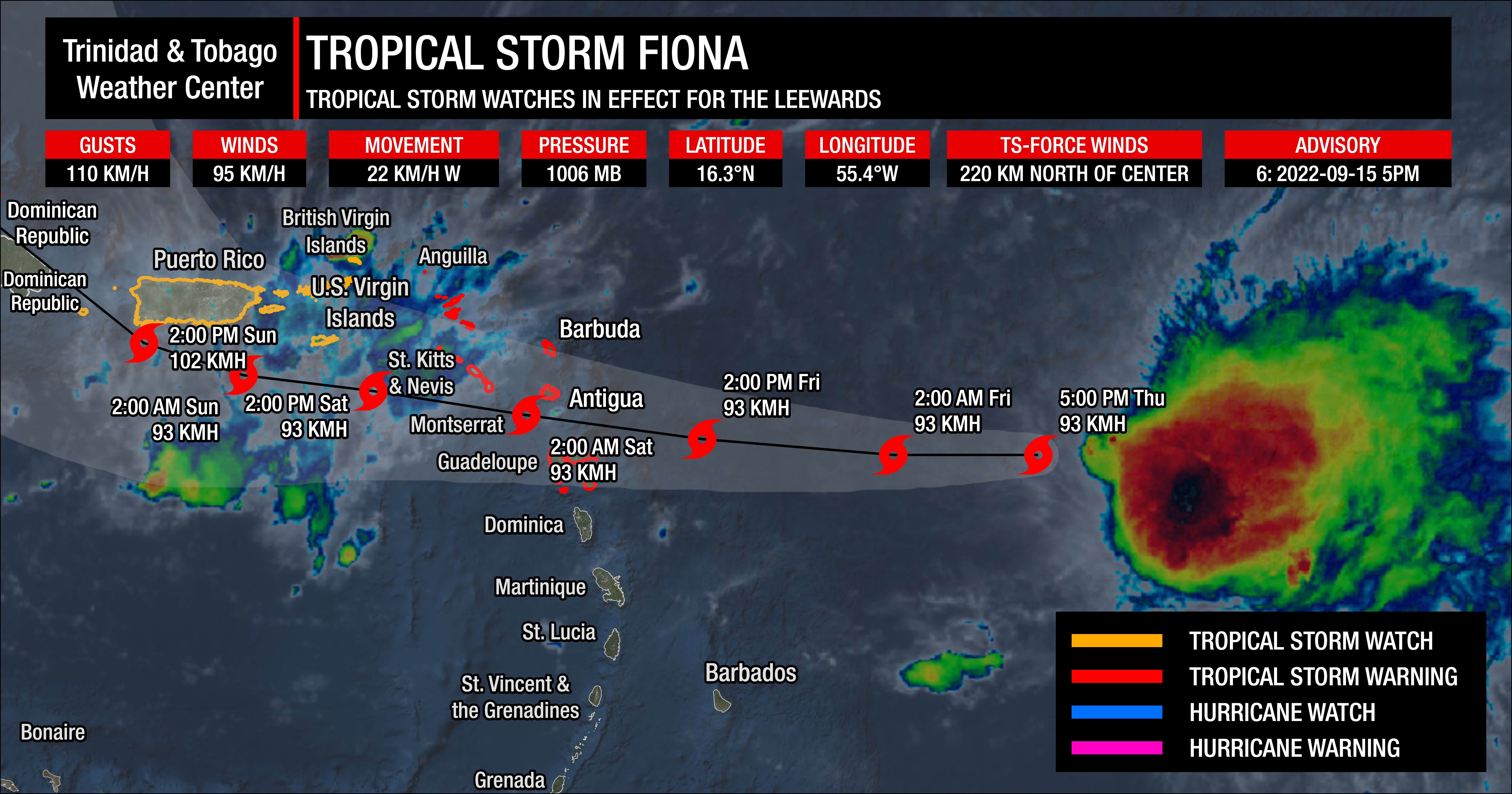 Tropical Storm Fiona's Forecast Track as of 5:00 PM Thursday, September 15th, 2022. (National Hurricane Center)