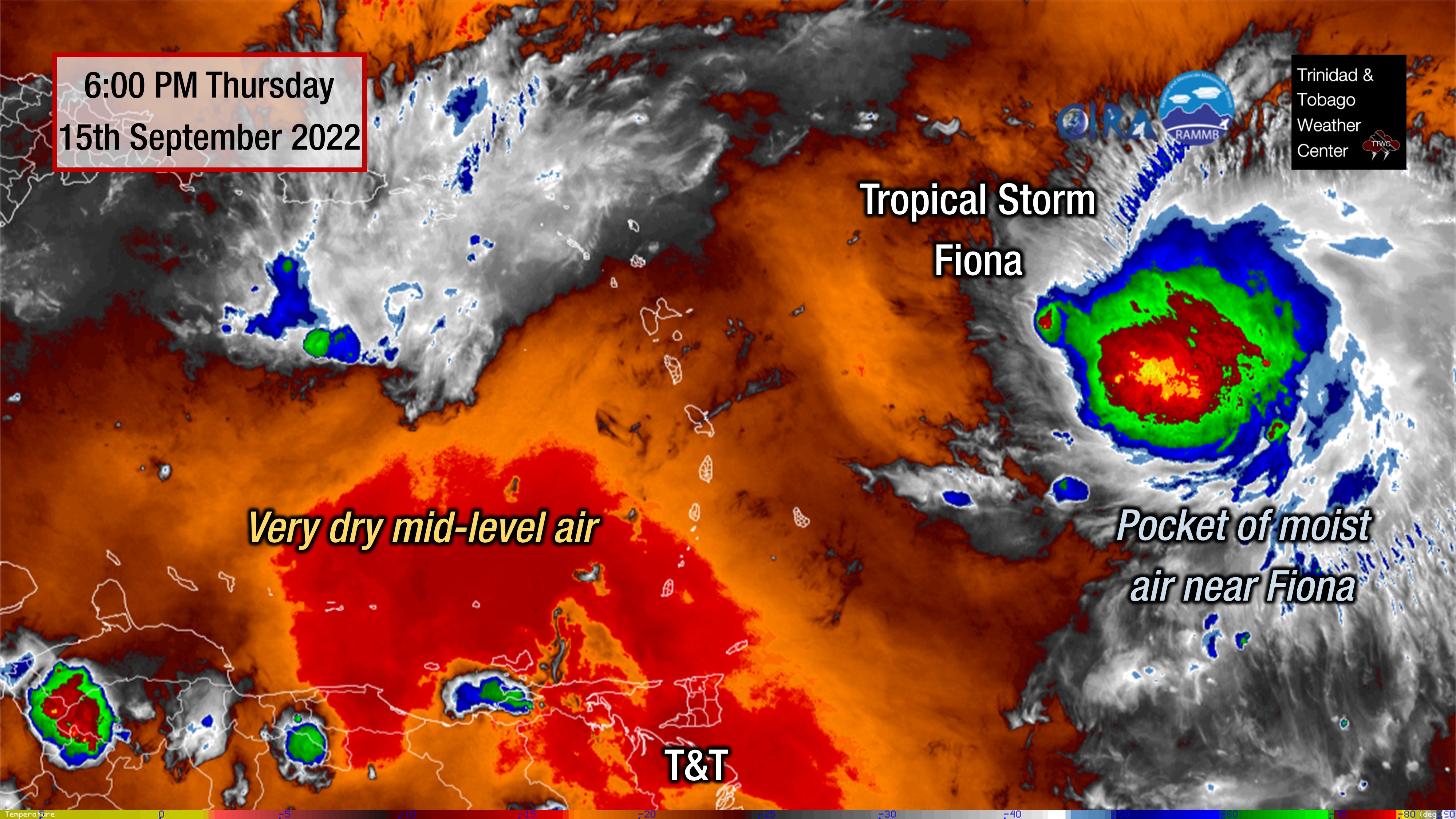 GOES-16 Infrared imagery showing mid-level tropospheric water vapor, or areas of moist and dry air at the mid-levels of the atmosphere as of 6:00 PM Thursday, September 15th, 2022. (RAMMB/CIRA)
