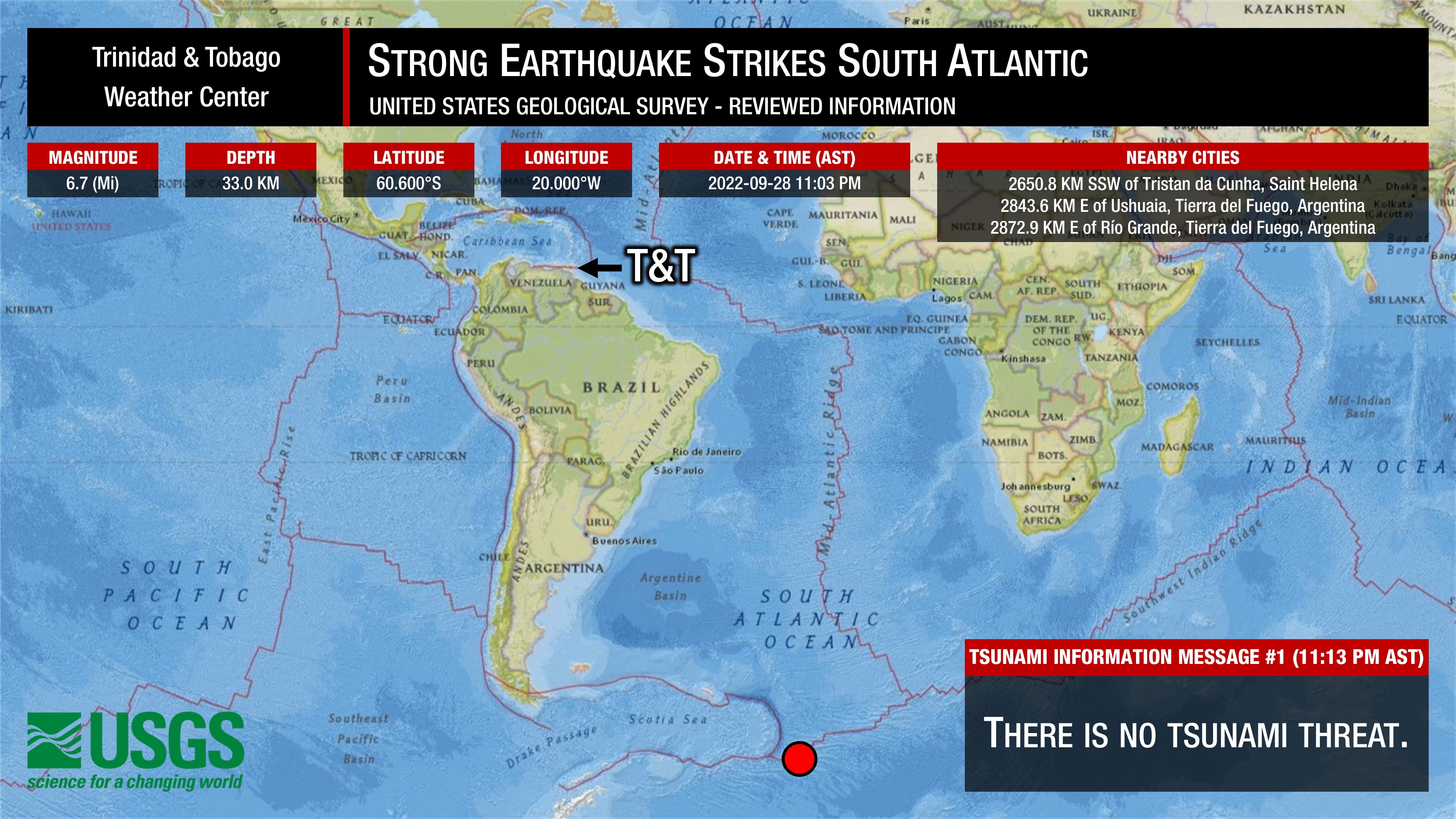 Information from the United States Geological Survey concerning the Magnitude 6.7 earthquake east of the South Sandwich Islands