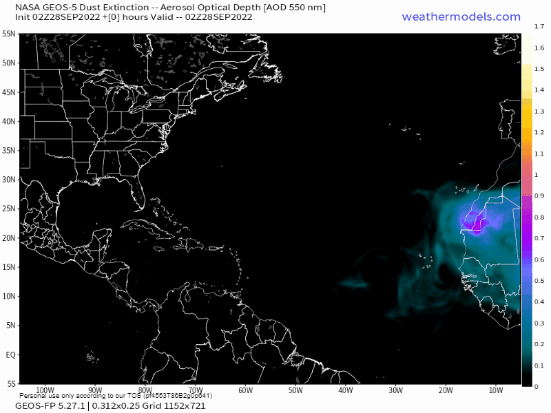 00Z Tuesday, September 28th, 2022, NASA GEOS-5 Dust Extinction Model Monitoring Tropical Atlantic Aerosol Optical Depth showing Saharan Dust