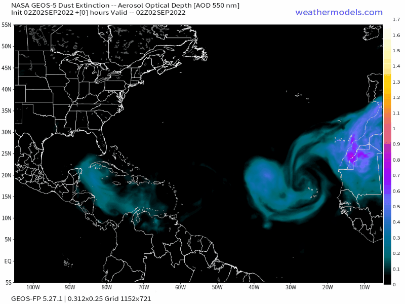 00Z Friday, September 2nd, 2022, NASA GEOS-5 Dust Extinction Model Monitoring Tropical Atlantic Aerosol Optical Depth showing Saharan Dust