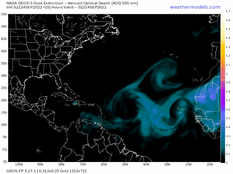 00Z Wednesday, September 14th, 2022, NASA GEOS-5 Dust Extinction Model Monitoring Tropical Atlantic Aerosol Optical Depth showing Saharan Dust