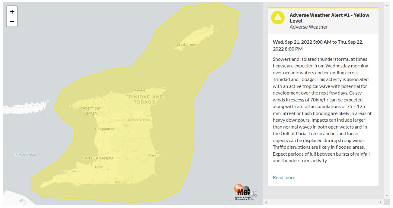 Adverse Weather Alert information from the Trinidad and Tobago Meteorological Service