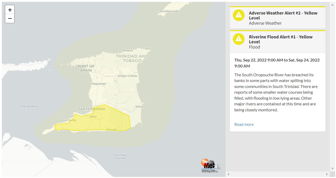 Riverine Flood Alert information from the Trinidad and Tobago Meteorological Service