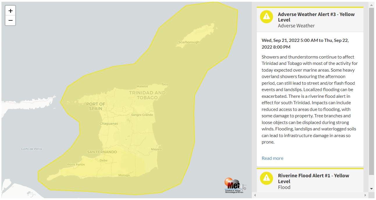 Adverse Weather Alert information from the Trinidad and Tobago Meteorological Service