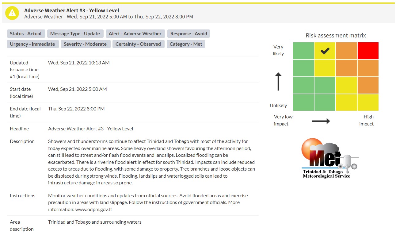 Adverse Weather Alert information from the Trinidad and Tobago Meteorological Service