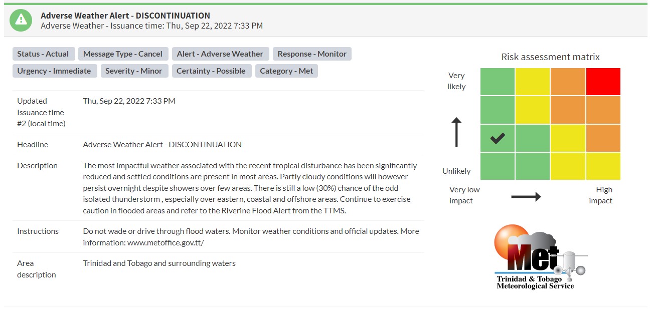 Adverse Weather Alert information from the Trinidad and Tobago Meteorological Service