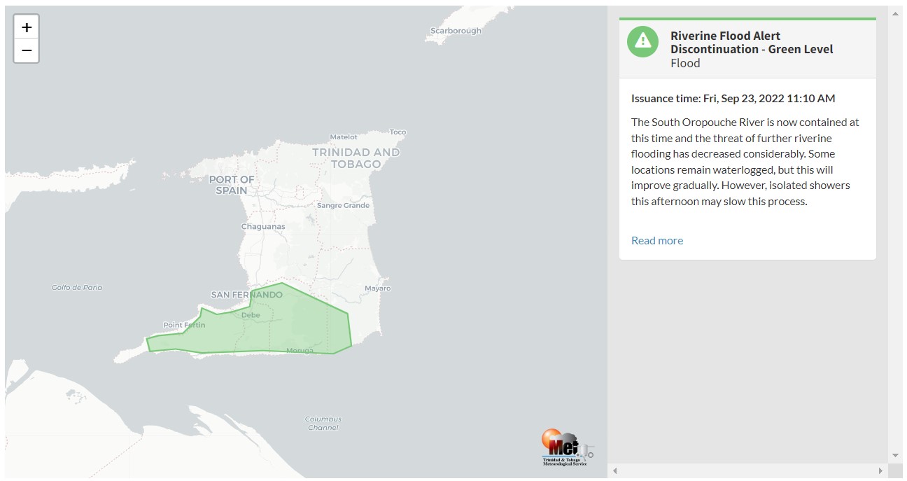 Riverine Flood Alert information from the Trinidad and Tobago Meteorological Service
