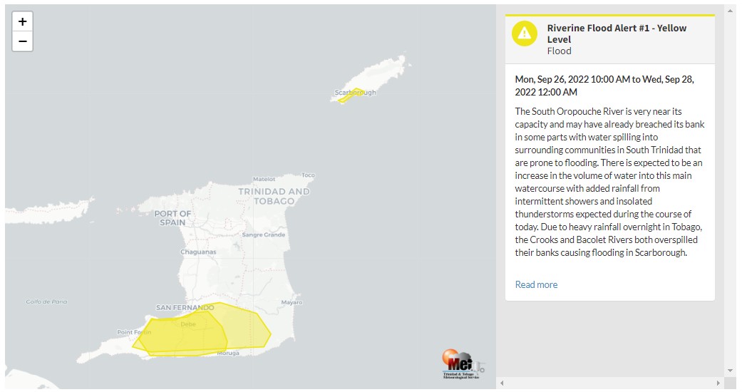Riverine Flood Alert information from the Trinidad and Tobago Meteorological Service