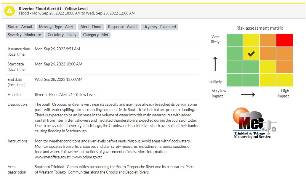 Riverine Flood Alert information from the Trinidad and Tobago Meteorological Service