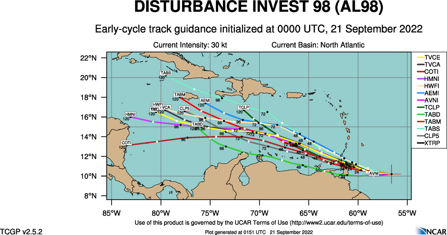 00Z September 21st, 2022 track model runs for Invest 98L (NCAR)