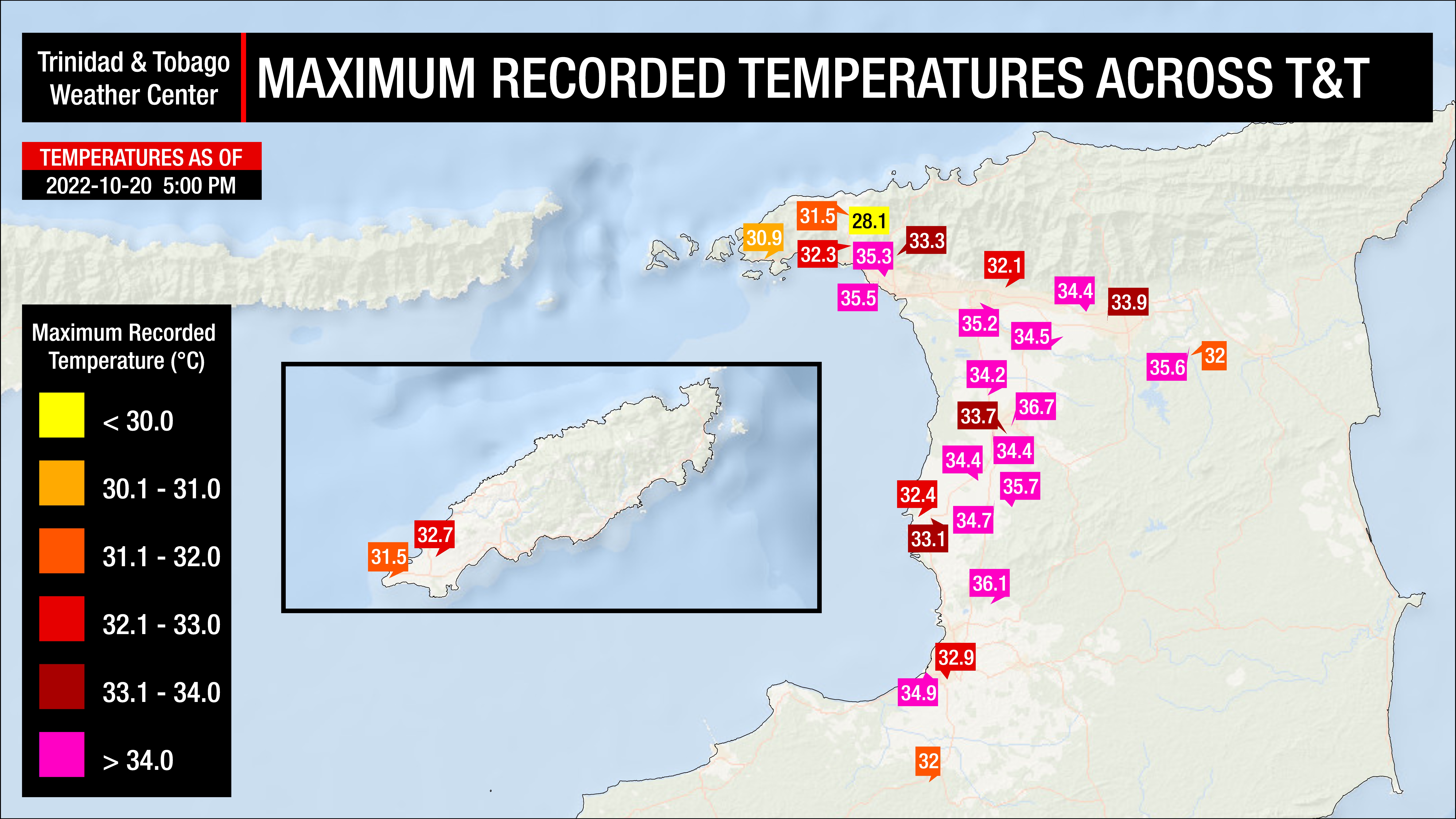 Maximum high temperatures recorded across Trinidad and Tobago as of 5:00 PM Thursday, October 20th, 2022 (Data: Individual and Personal Weather Stations, as well as Automated Weather Stations from the TTMS)