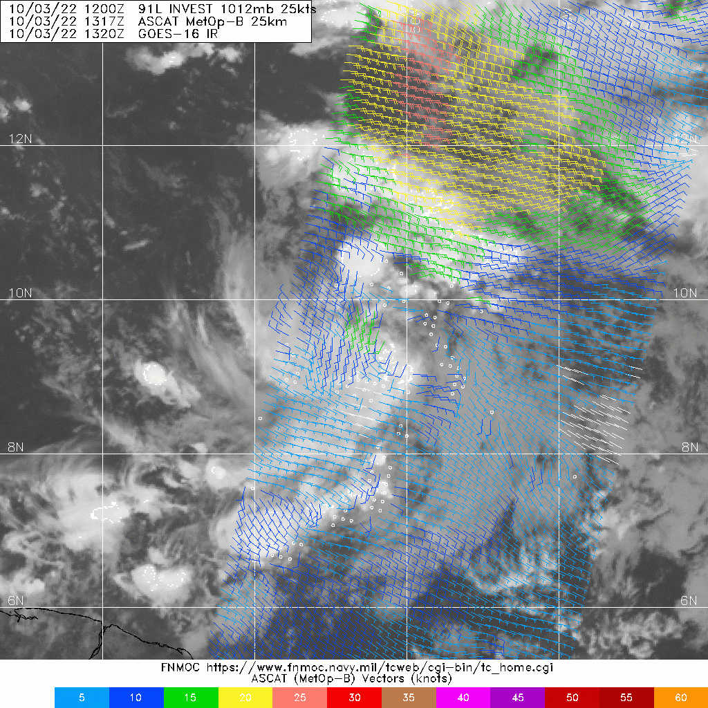 ASCAT pass of Invest 91L on Monday, October 3rd, 2022