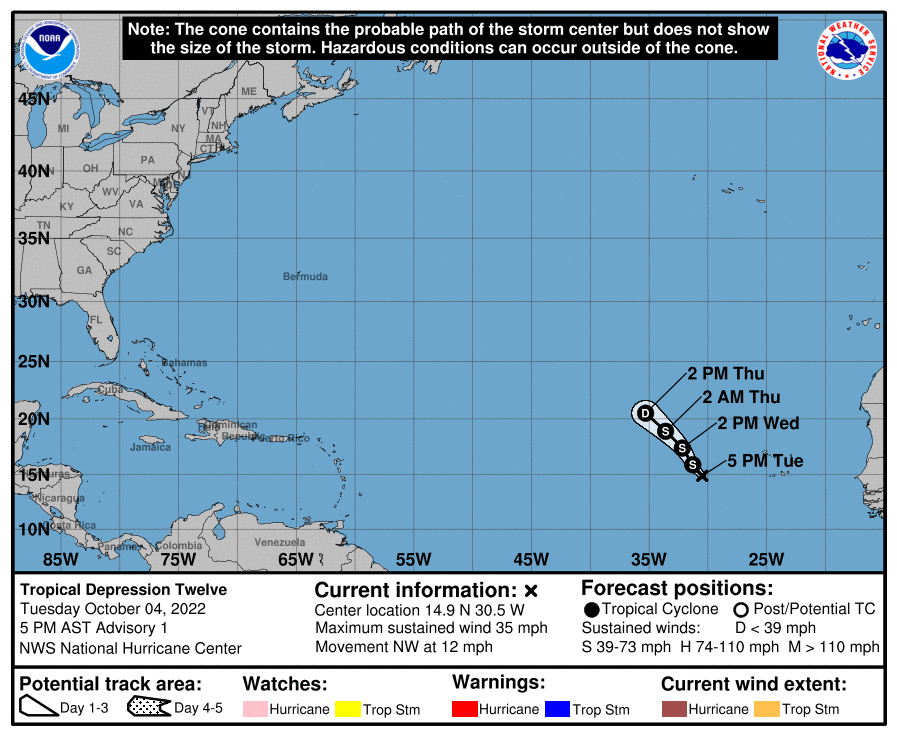 Tropical Depression Twelve's Forecast Cone from the National Hurricane Center as of 5:00 PM Tuesday, October 4th, 2022.