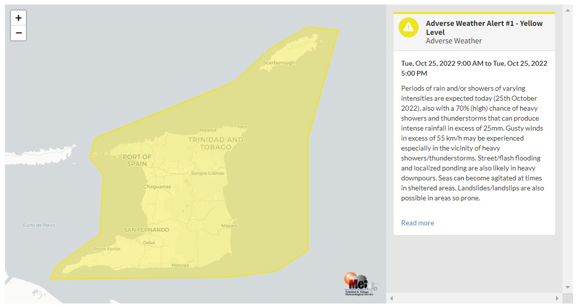 Adverse Weather Alert information from the Trinidad and Tobago Meteorological Service