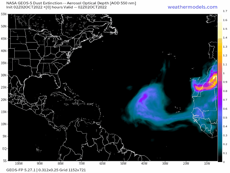 00Z Sunday, October 2nd, 2022, NASA GEOS-5 Dust Extinction Model Monitoring Tropical Atlantic Aerosol Optical Depth showing Saharan Dust
