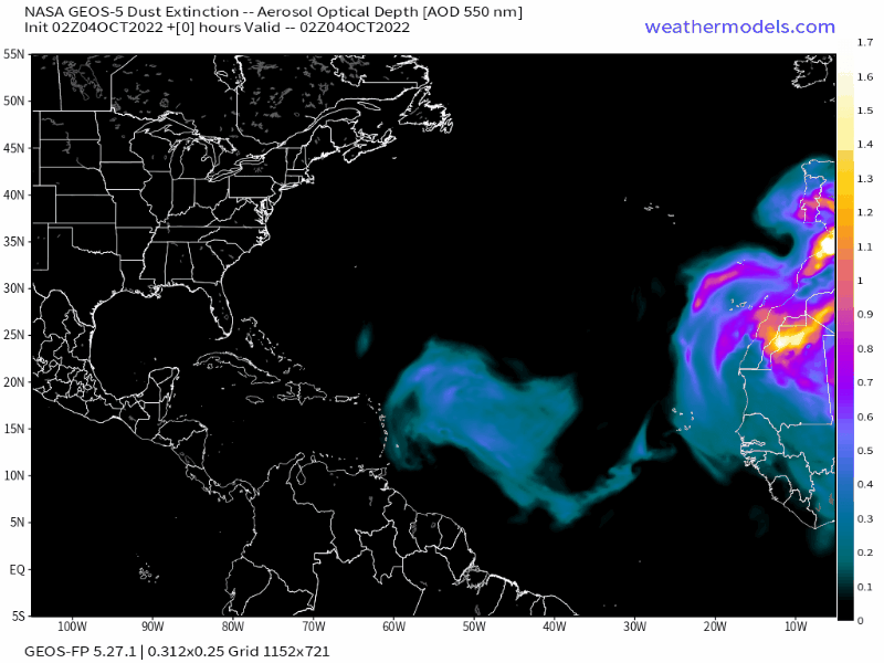 00Z Tuesday, October 4th, 2022, NASA GEOS-5 Dust Extinction Model Monitoring Tropical Atlantic Aerosol Optical Depth showing Saharan Dust