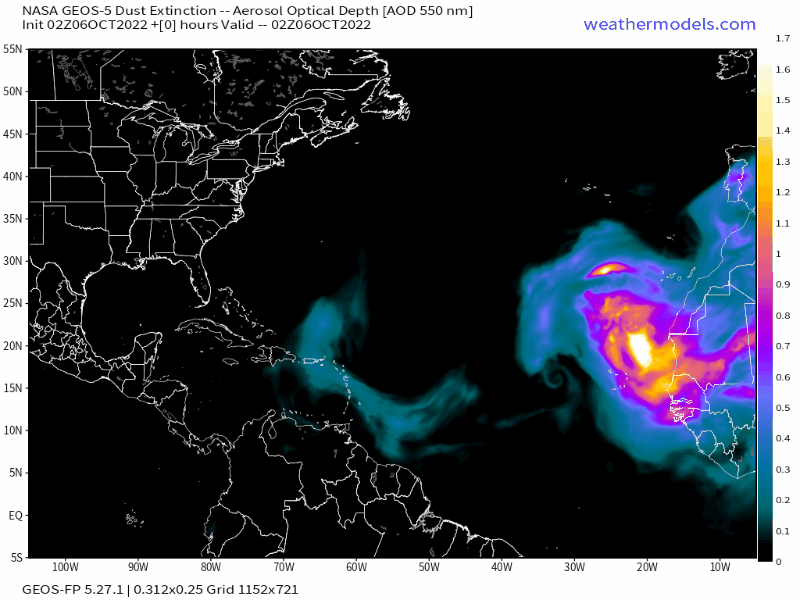 00Z Friday, October 7th, 2022, NASA GEOS-5 Dust Extinction Model Monitoring Tropical Atlantic Aerosol Optical Depth showing Saharan Dust