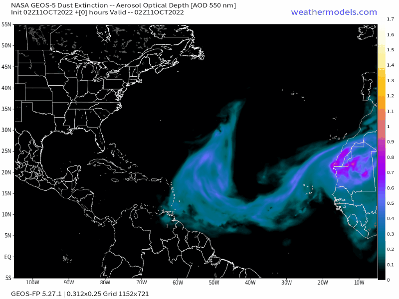 00Z Tuesday, October 11th, 2022, NASA GEOS-5 Dust Extinction Model Monitoring Tropical Atlantic Aerosol Optical Depth showing Saharan Dust