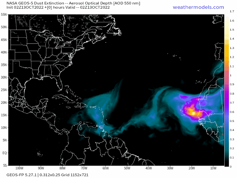 00Z Friday, October 14th, 2022, NASA GEOS-5 Dust Extinction Model Monitoring Tropical Atlantic Aerosol Optical Depth showing Saharan Dust