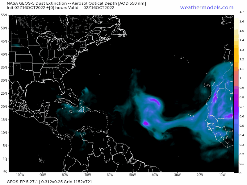 00Z Sunday, October 16th, 2022, NASA GEOS-5 Dust Extinction Model Monitoring Tropical Atlantic Aerosol Optical Depth showing Saharan Dust