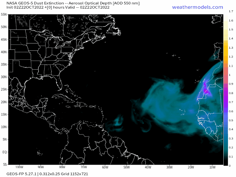 00Z Saturday, October 22nd, 2022, NASA GEOS-5 Dust Extinction Model Monitoring Tropical Atlantic Aerosol Optical Depth showing Saharan Dust