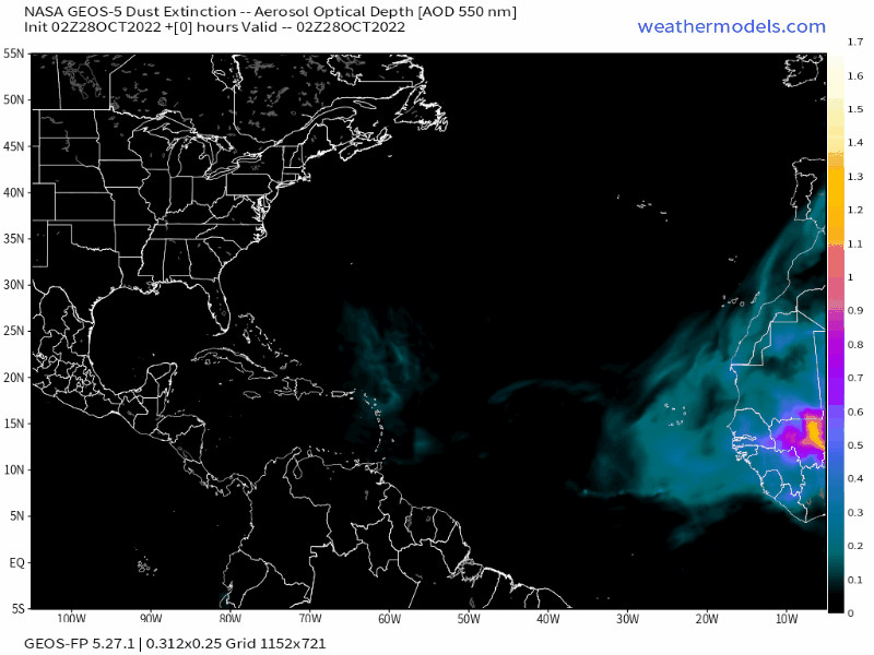 00Z Friday, October 28th, 2022, NASA GEOS-5 Dust Extinction Model Monitoring Tropical Atlantic Aerosol Optical Depth showing Saharan Dust