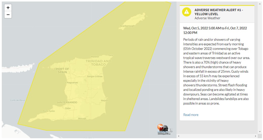 Adverse Weather Alert information from the Trinidad and Tobago Meteorological Service