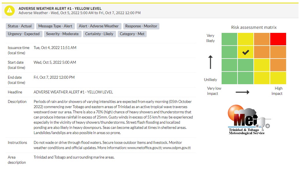 Adverse Weather Alert information from the Trinidad and Tobago Meteorological Service