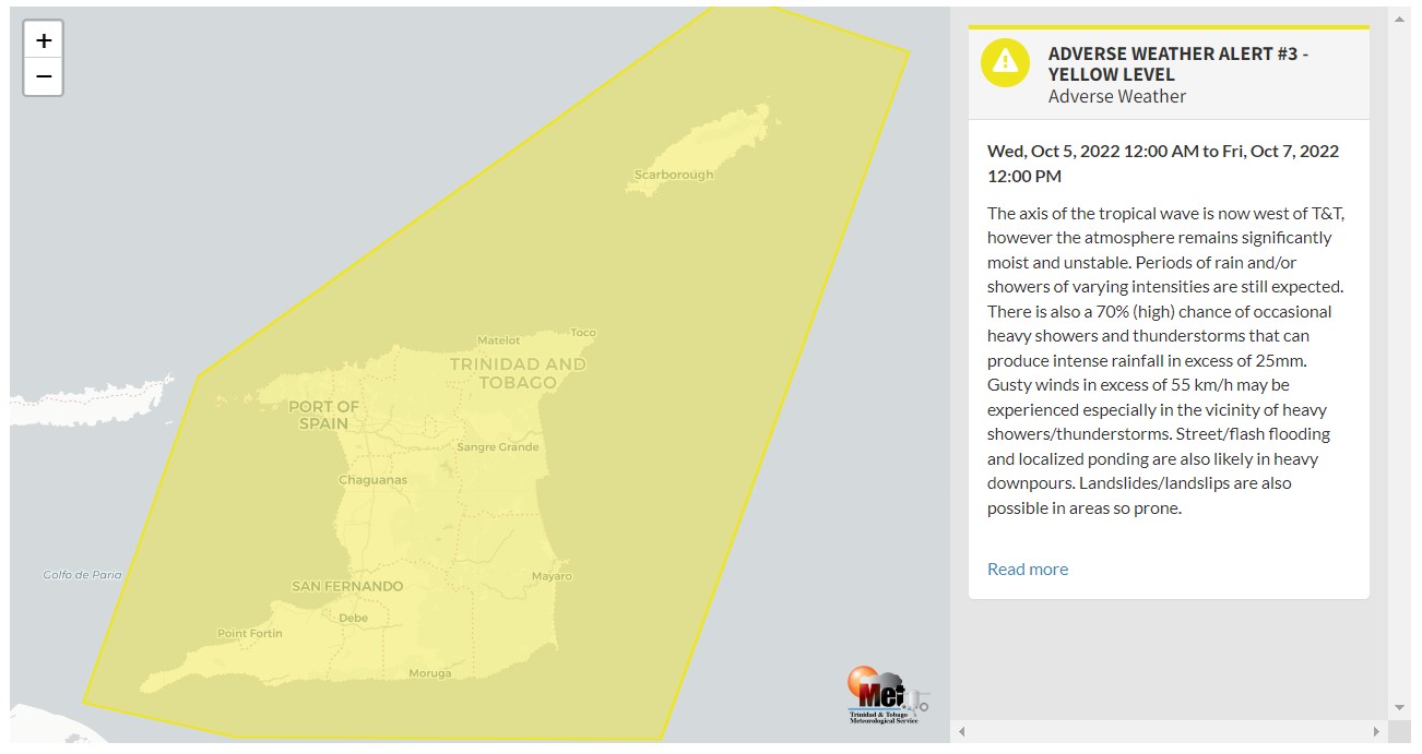 Adverse Weather Alert information from the Trinidad and Tobago Meteorological Service