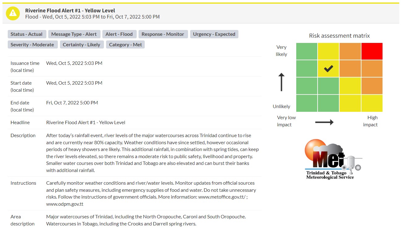 Riverine Flood Alert information from the Trinidad and Tobago Meteorological Service