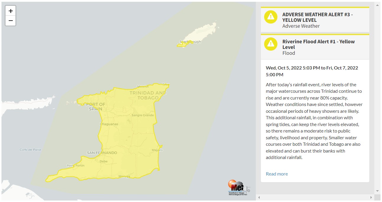 Riverine Flood Alert information from the Trinidad and Tobago Meteorological Service