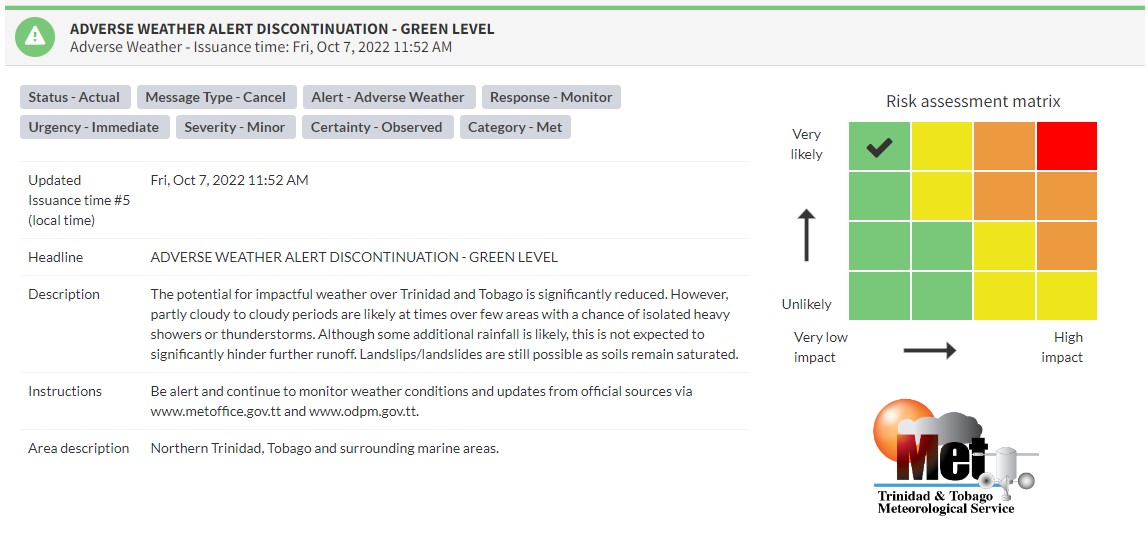 Adverse Weather Alert information from the Trinidad and Tobago Meteorological Service
