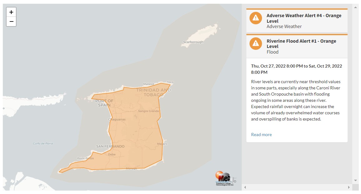 Riverine Flood Alert information from the Trinidad and Tobago Meteorological Service