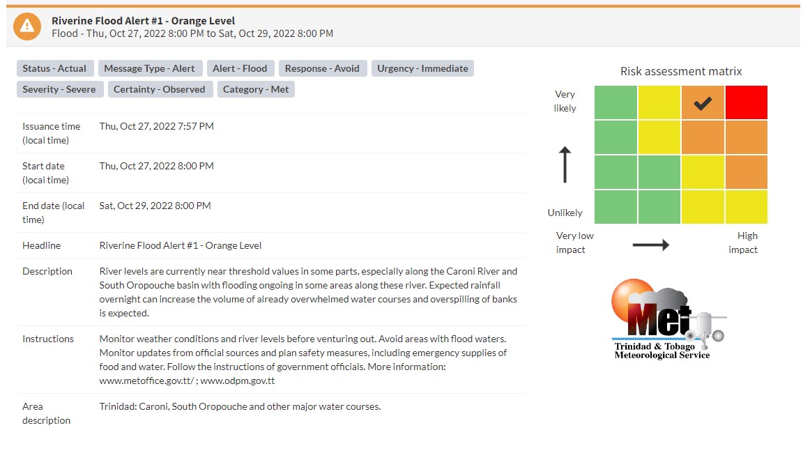 Riverine Flood Alert information from the Trinidad and Tobago Meteorological Service
