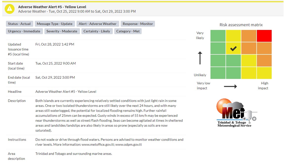 Adverse Weather Alert information from the Trinidad and Tobago Meteorological Service