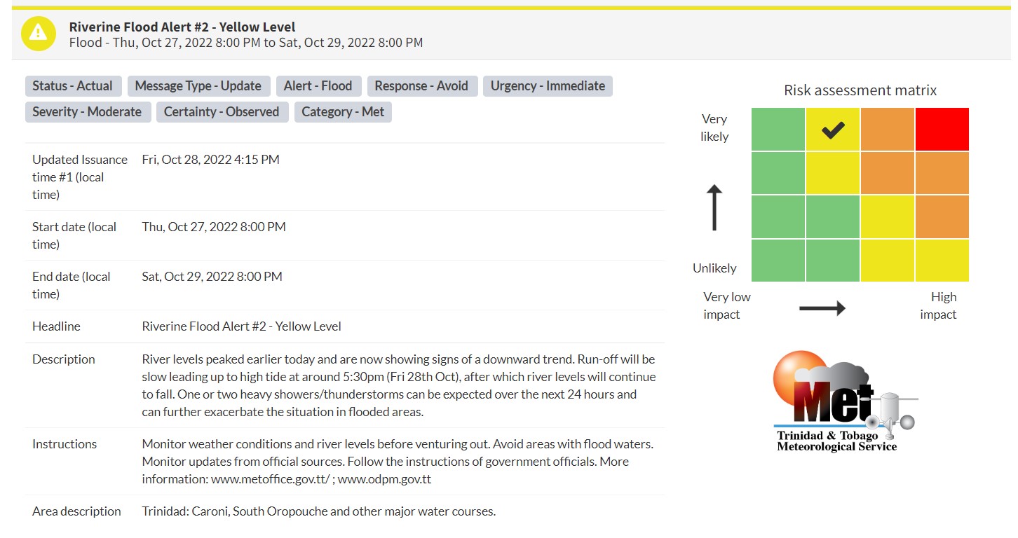 Riverine Flood Alert information from the Trinidad and Tobago Meteorological Service