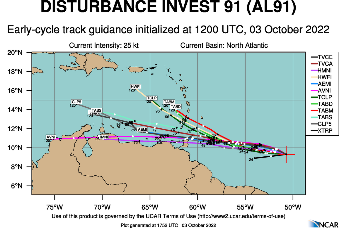12Z October 3rd, 2022 track model runs for Invest 91L (NCAR)