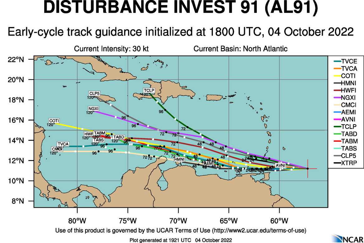 18Z October 4th, 2022 track model runs for Invest 91L (NCAR)