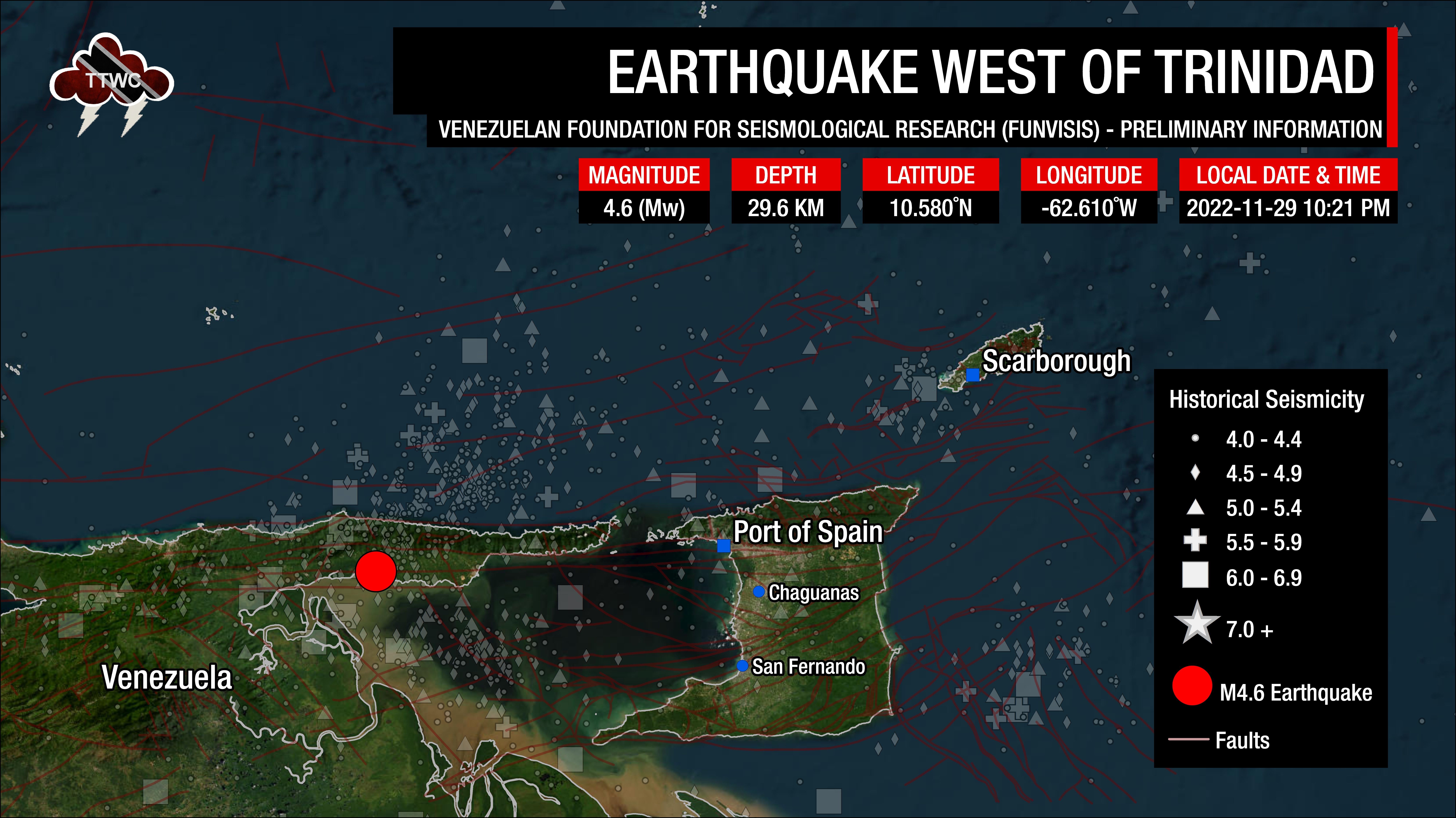 Information from FUNVISIS concerning the earthquake west/northwest of Trinidad.