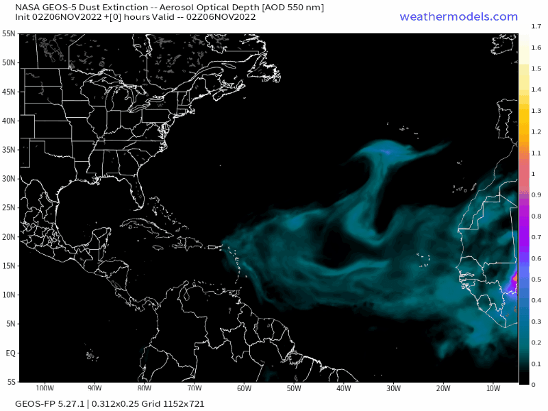 00Z Monday, November 8th, 2022, NASA GEOS-5 Dust Extinction Model Monitoring Tropical Atlantic Aerosol Optical Depth showing Saharan Dust
