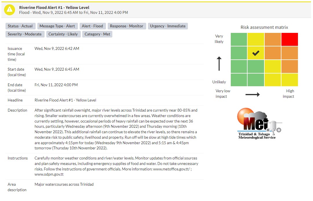 
Riverine Flood Alert information from the Trinidad and Tobago Meteorological Service