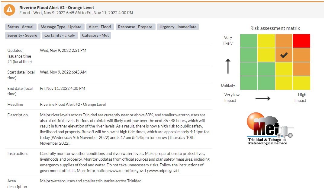Riverine Flood Alert information from the Trinidad and Tobago Meteorological Service