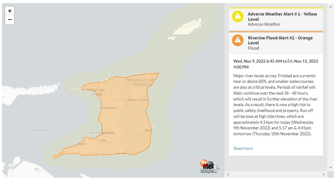 Riverine Flood Alert information from the Trinidad and Tobago Meteorological Service